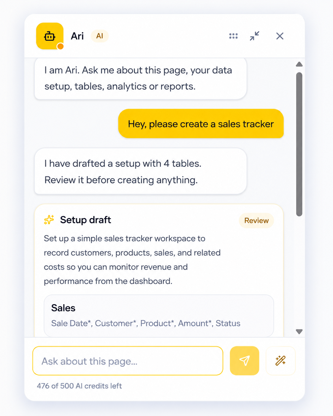 Ari AI assistant chat setup dialog interface inside Datro